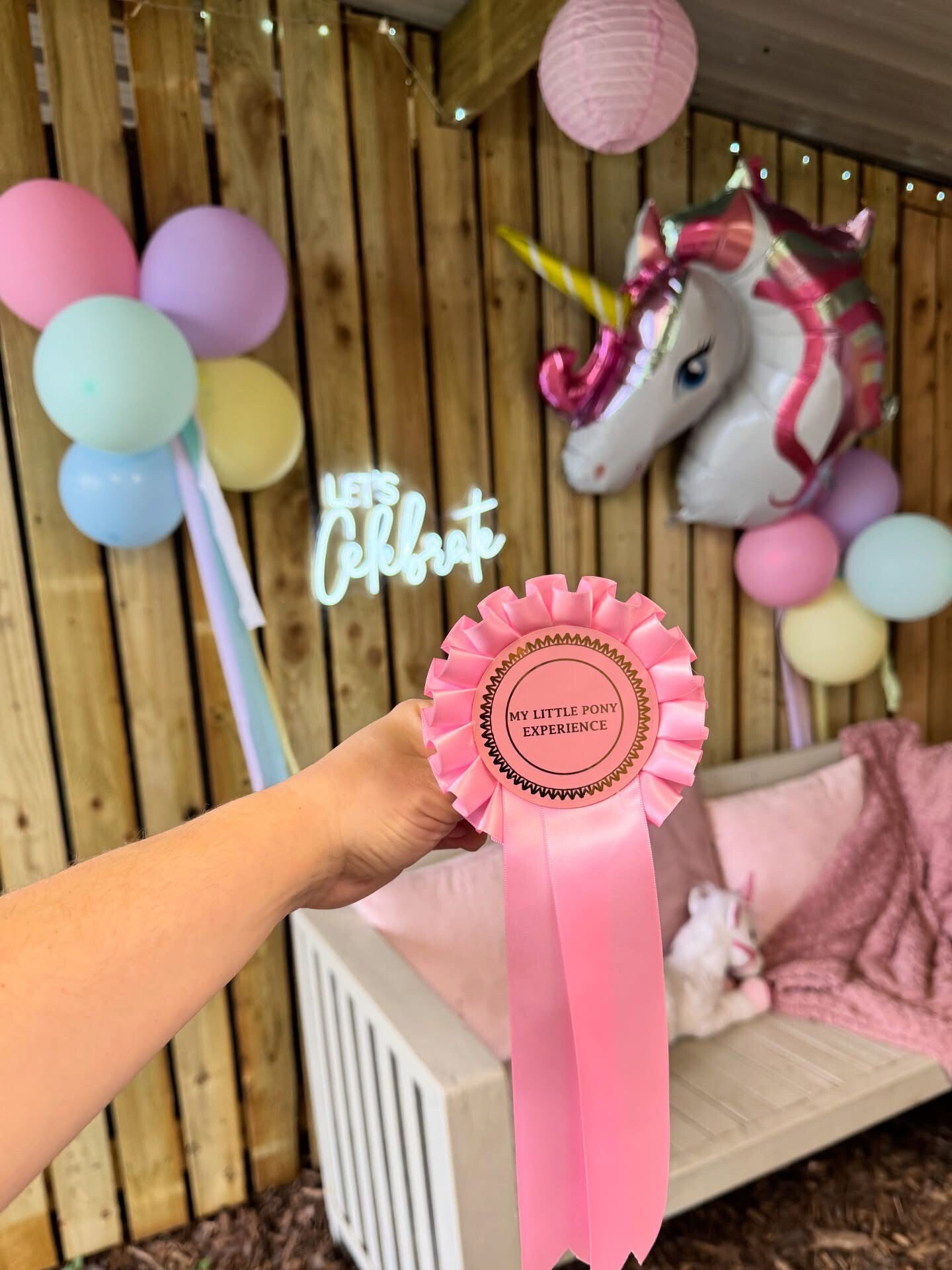 Image of the corner of the function room available- stable style setting with large unicorn balloon, pastel balloon bundles an LED sign that says 'Let's Celebrate' and a pink rosette.  