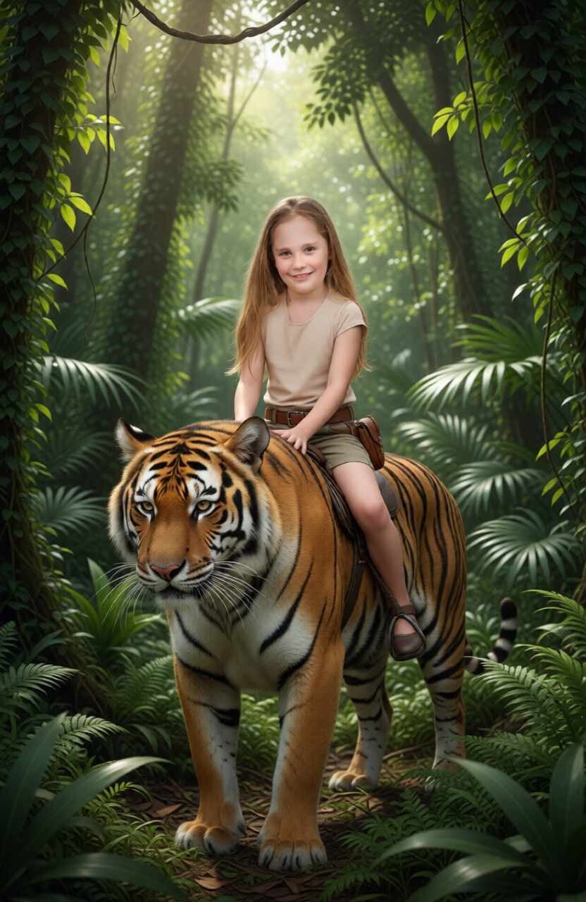 Young girl riding a tiger in the jungle