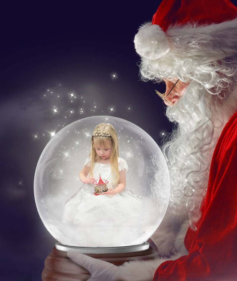 Cut out from one photograph and placed in snowglobe