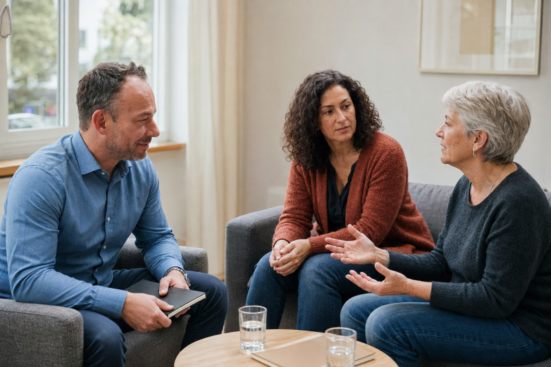 Niels Kirstein moderiert eine Mediation zwischen zwei Frauen in Hannover