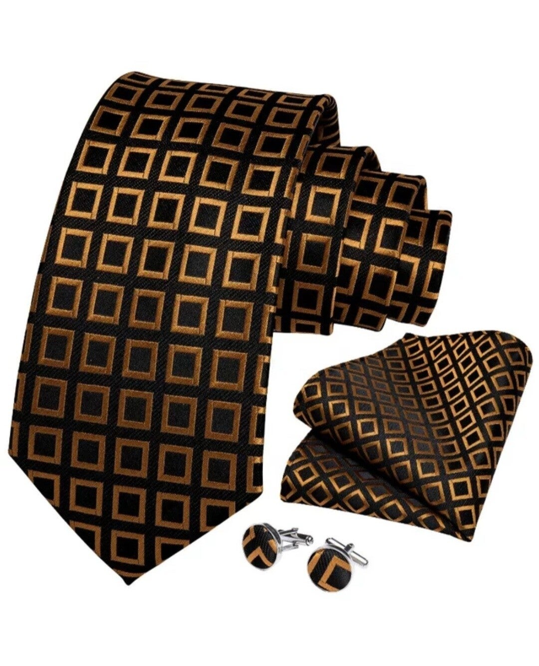 Delano Silk Gold Squares Necktie Set.