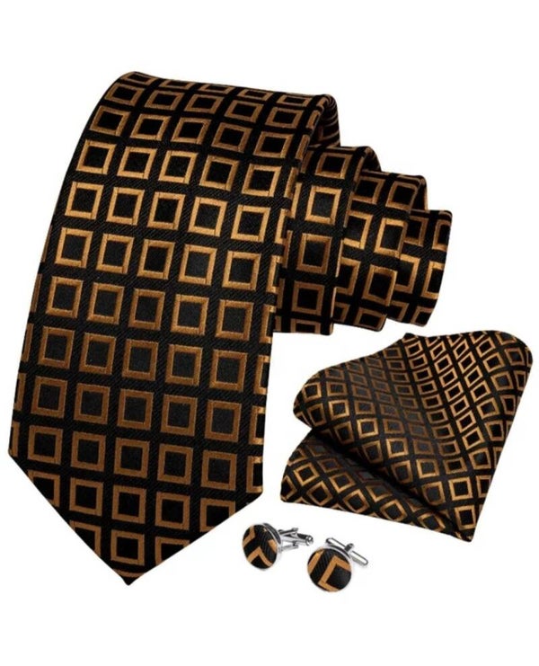 Delano Silk Gold Squares Necktie Set.