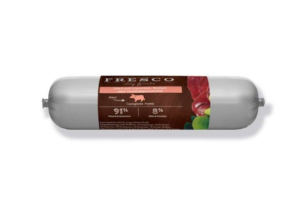 Fresco - Die BARF Wurst Complete-Menü Rind mit Karotten, Birnen und Grünlippmuschel