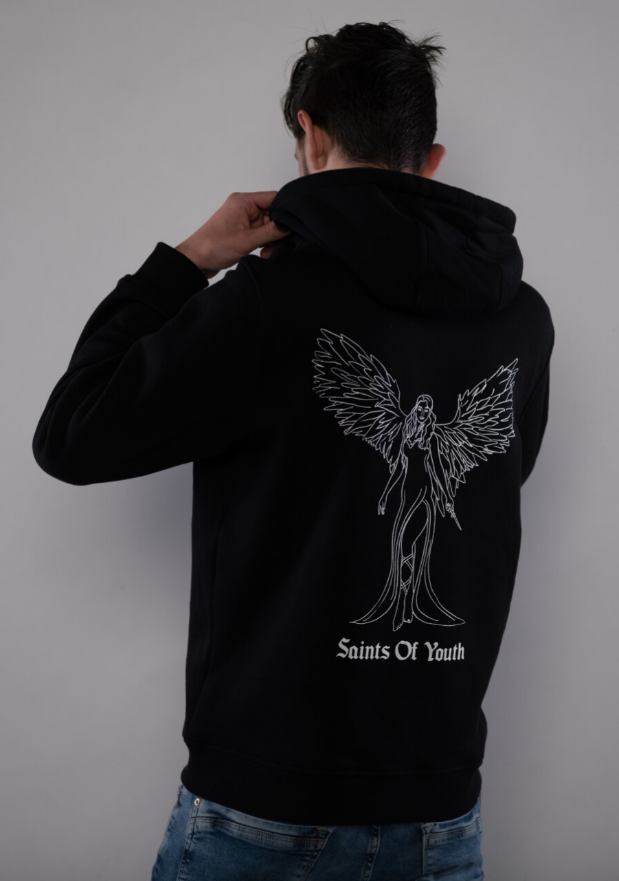 ◆SATUR◆ Angel cross stitch brushed hooded sweatshirt sky b Angel Hoodie | Nisus