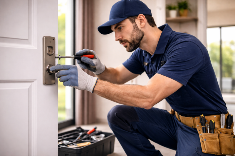 Cerrajero profesional ajustando un candado de puerta con un destornillador rojo en un trabajo de cerrajería urgente. El cerrajero, con guantes de trabajo y uniforme azul, usa una herramienta profesional mientras se concentra en la instalación de una cerra