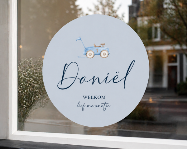 Ronde raamsticker geboortebord | autootje | 60 cm