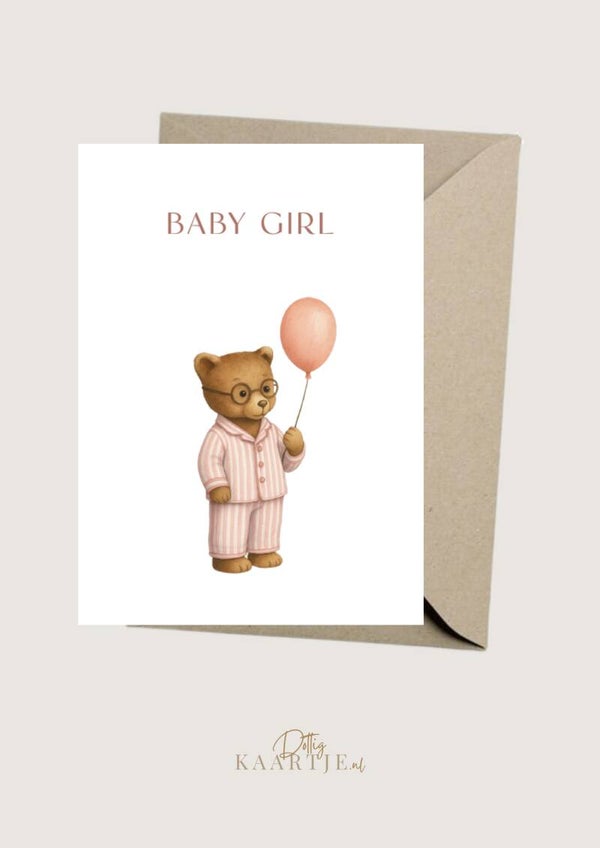 Wenskaart - Beer met ballon baby girl