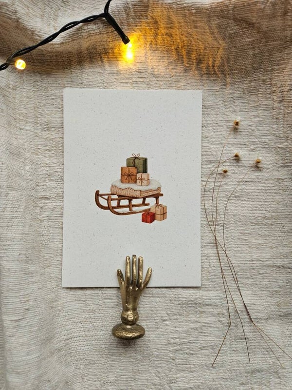 Kerstkaart - slee met cadeautjes
