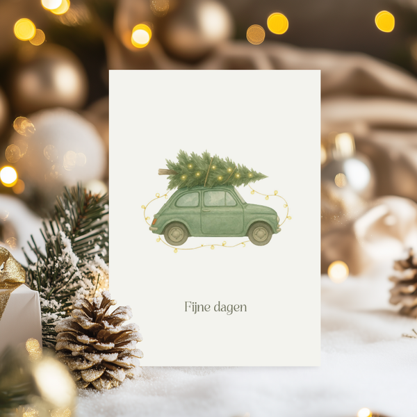 Kerstkaart - auto met kerstboom
