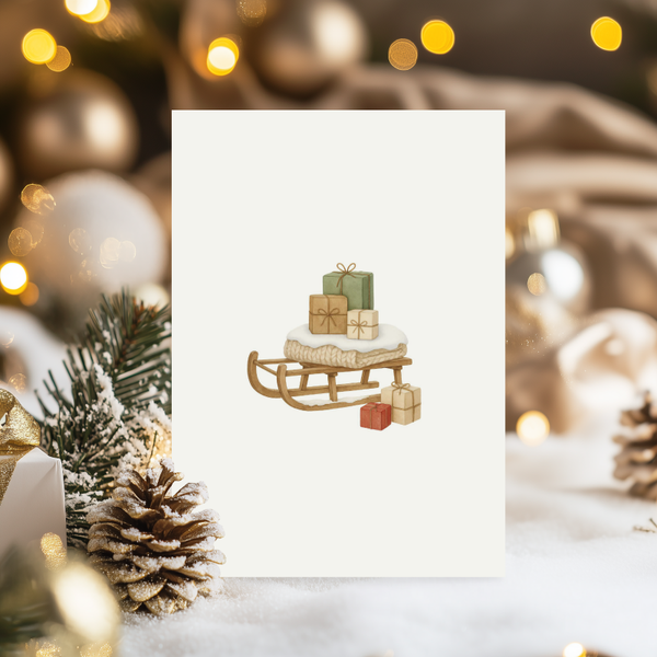 Kerstkaart - slee met cadeautjes