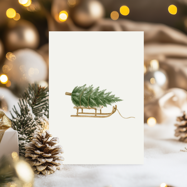 Kerstkaart - slee met kerstboom