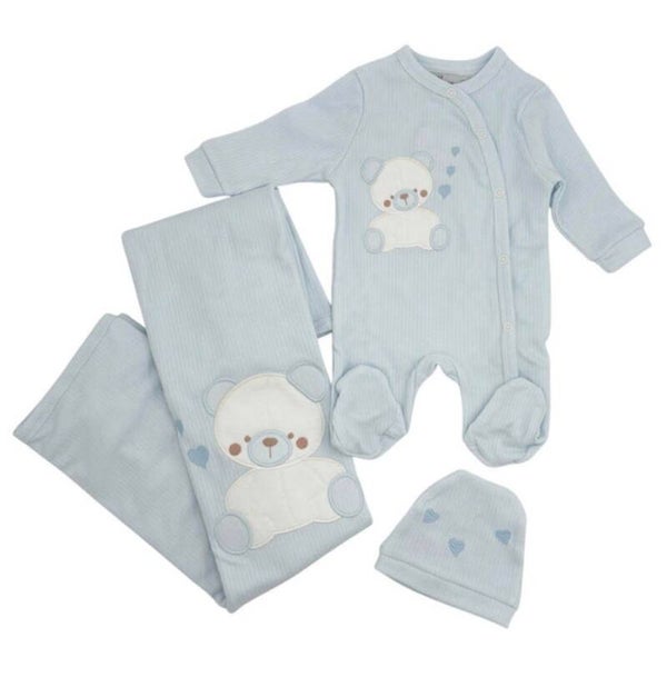 set tre pezzi cotone cielo(coperta,capello,tutina)