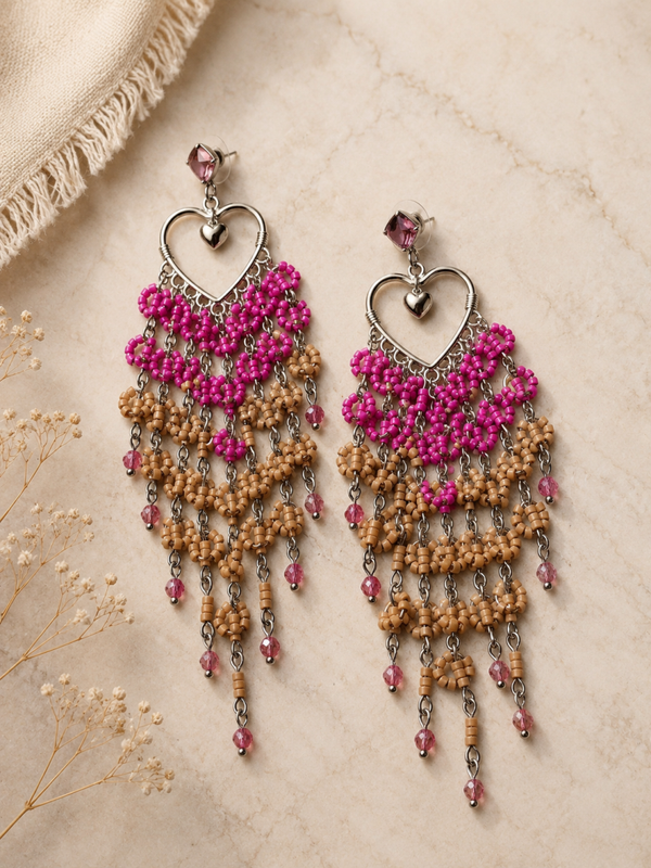Orecchini Cuore con Perline Fucsia e Beige