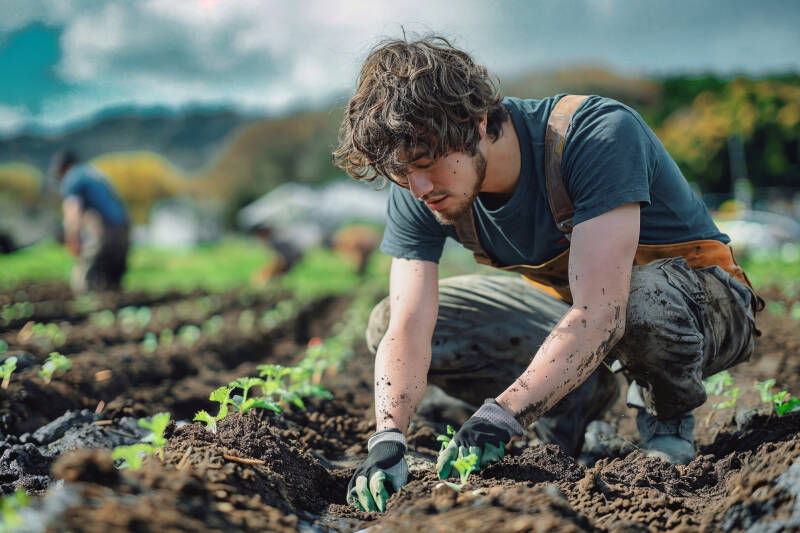 A young Japanese man working on the farm field  