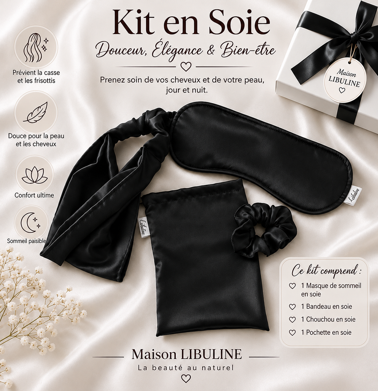 Kit masque de nuit, fichu, chouchou et sac de rangement en soie