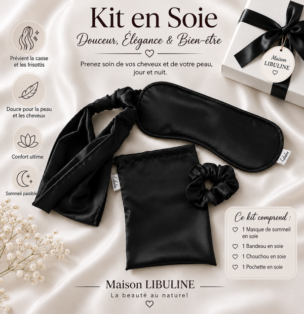 Kit masque de nuit, fichu, chouchou et sac de rangement en soie