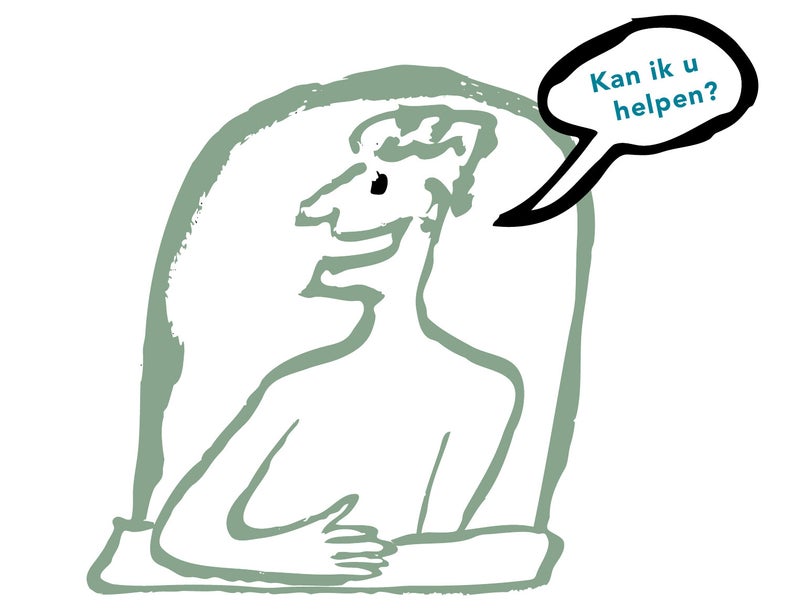 Loket met loketbediende die vraagt: Kan ik u helpen?