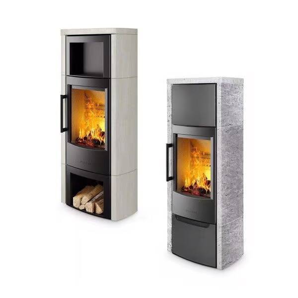Kaminofen Wiking Miro 6 Naturstein 4,9 kW - Holzfach: offen - Naturstein: Grau - Korpus: Schwarz - Abgasanschluss: Nach Hinten