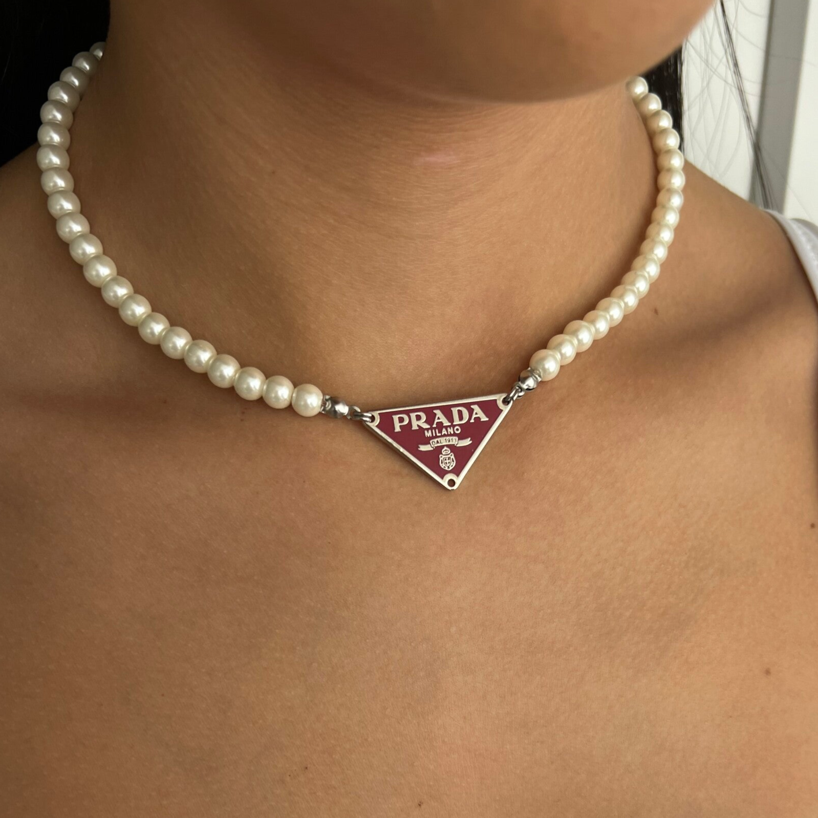 Authentic auburn Prada pouch bag logo - Pearl necklace