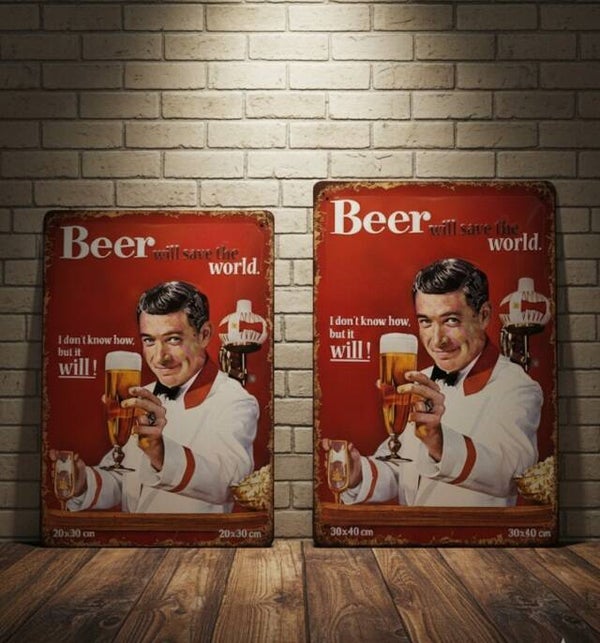 Beer Will Save The World' Metalen Bord (Retro Man)