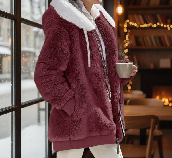 Dames Bordeaux Teddy Winterjas | Warm Fleece Pluche Jas Kopen