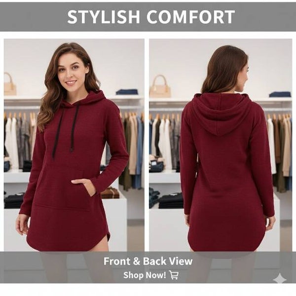2+1 gratis Lange Hoodie Tuniek met Zak en Afgeronde Zoom