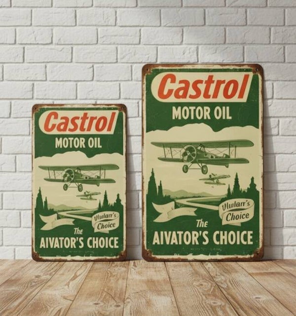 Castrol Metalen Bord - Vintage Dubbeldekker 'Aiviator's Choice' Retro Plaat