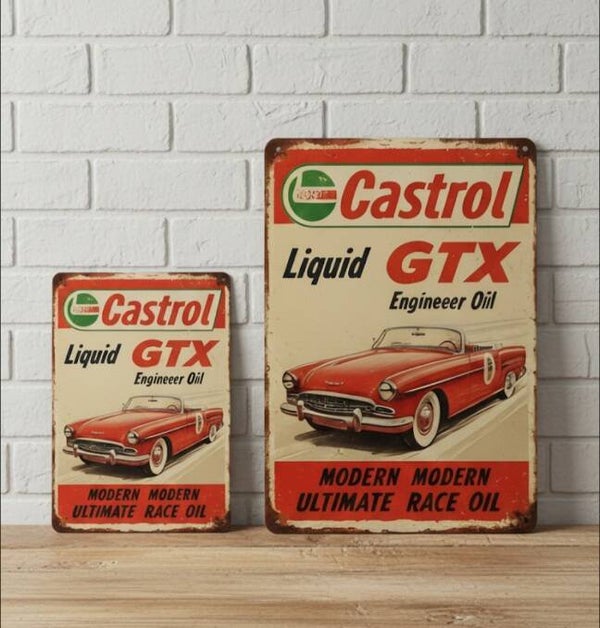 Castrol Liquid GTX Metalen Bord - Vintage Rode Cabriolet Olie Reclame Plaat