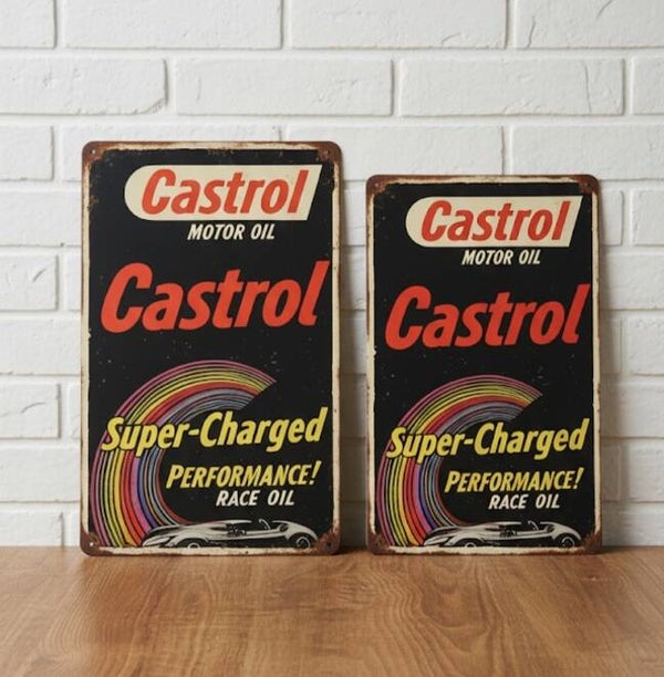 Castrol 'Super-Charged' Metalen Bord - Rainbow Race Olie Retro Plaat