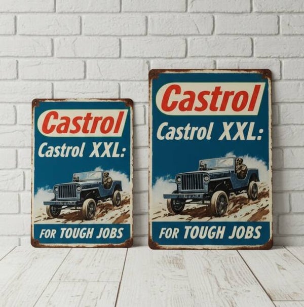 Castrol XXL Metalen Bord - Vintage Jeep 'For Tough Jobs' Retro Plaat