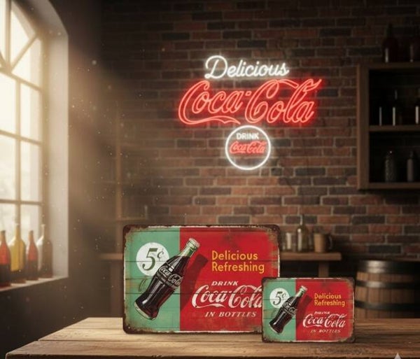 Coca-Cola Metalen Bord Tweekleurig - Fles 5 Cent Reclame
