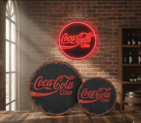 ​Coca-Cola Rond Metalen Bord Zwart-Rood Logo (Coke)