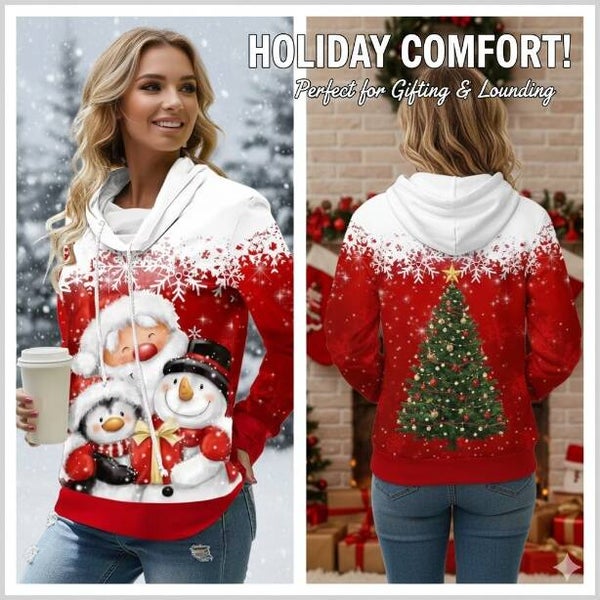Dames Feestelijke Kerst Hoodie - Santa, Pinguïn & Sneeuwpop Print