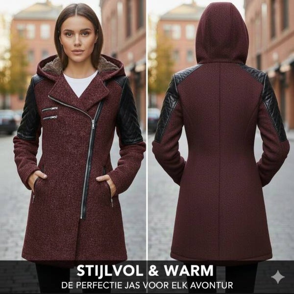 Dames Winterjas Biker Stijl met PU-Leren Details en Teddy Voering