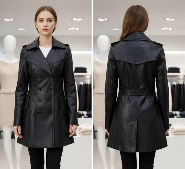 Luxe Halflange Lederen Trenchcoat Dames