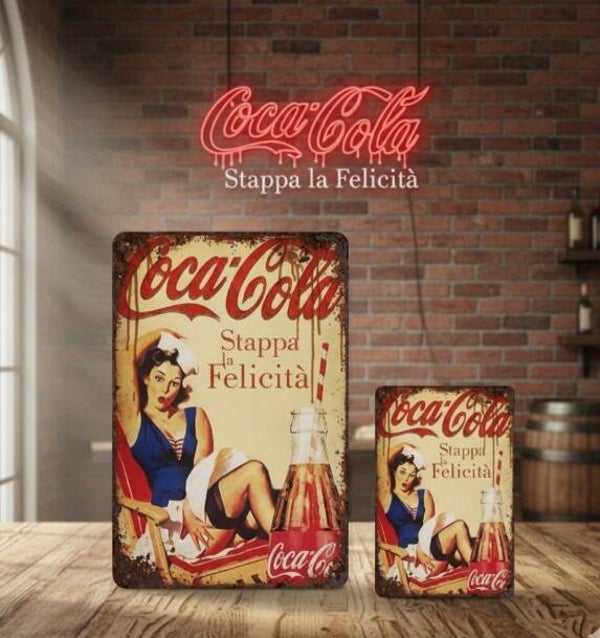 Coca-Cola Metalen Bord - Stappa la Felicità Pin-Up