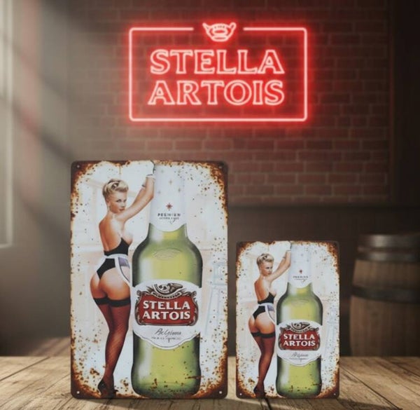 Stella Artois Metalen Bord - Pin-Up Dame & Fles Design
