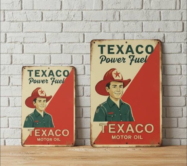 Texaco Power Fuel / Motor Oil Metalen Bord met Figuur