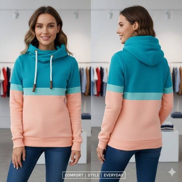 Color Block Hoodie Dames - Petrol/Perzik