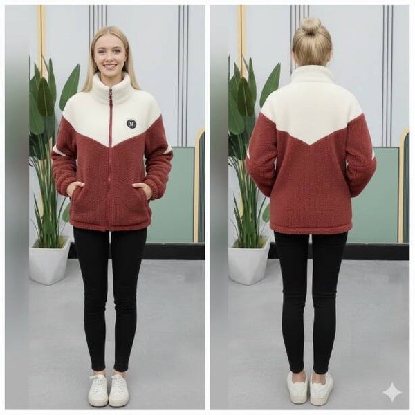 Dames Teddy Fleece Jack met Kleurblok V-Patroon