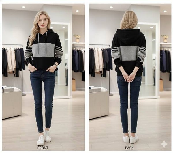 Gestreept Colorblock Hoodie Dames Zwart/Grijs