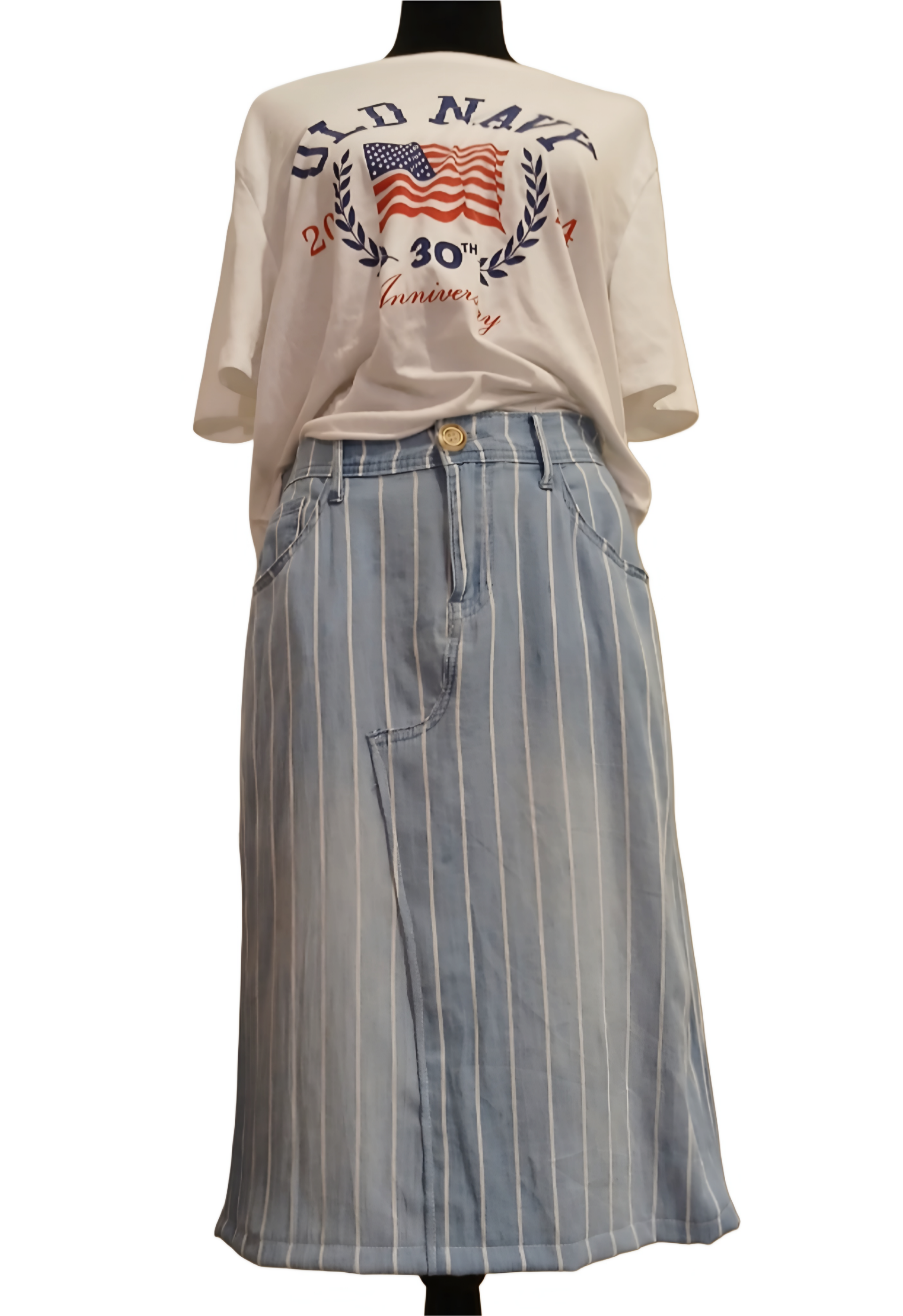 One of a kind. Upcycled. Blue with White Stripes Skirt. Size 8. Length 23.5". 100% Cotton.