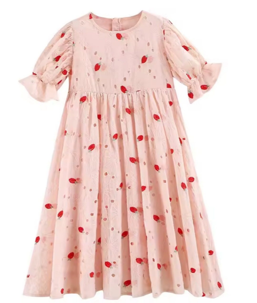 Pink Embroidered Dress. With Flower Detail And Embroidered Strawberries, Ruffle Sleeve. Girls 5/6 Length 29". Base Fabric:100% Cotton. Embroidery Thread:100% Polyester. Lining Fabric:Viscose.