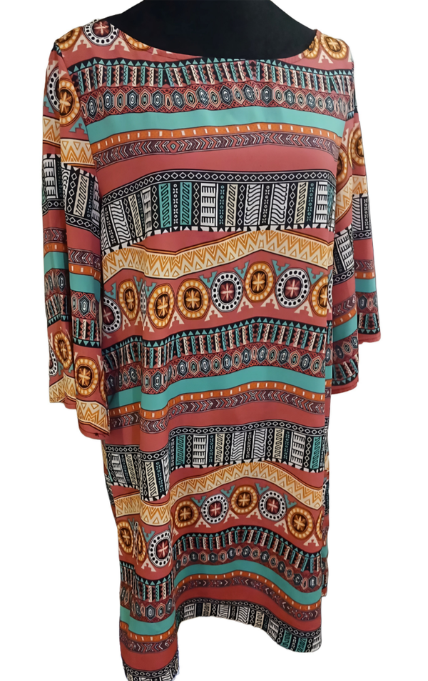 Multi-Colored, Lightweight Dress. Aztec Design.  Length 33".