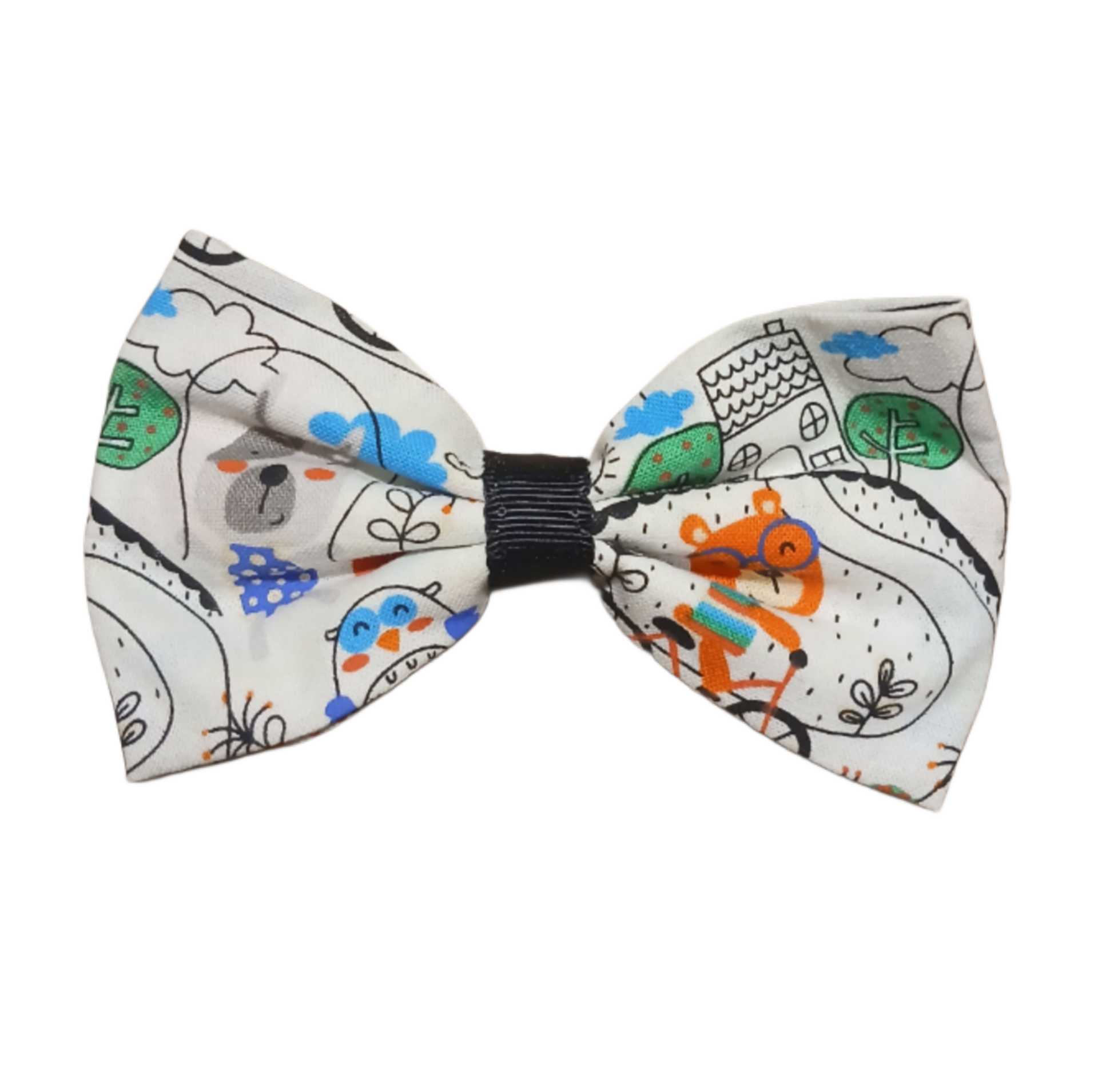 White Bow with Animals. Length 4.5". Clamp 3"