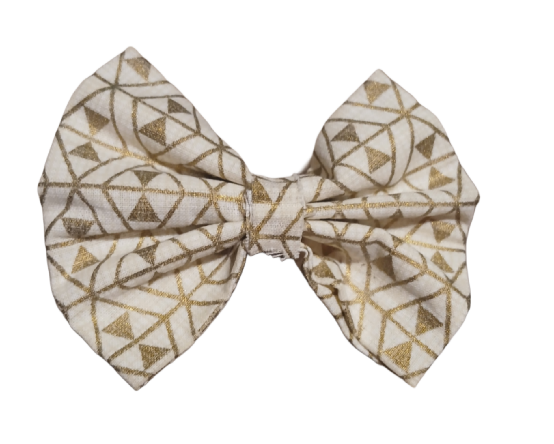 Bow. Beige with Gold Designs. 4". 2"Clip