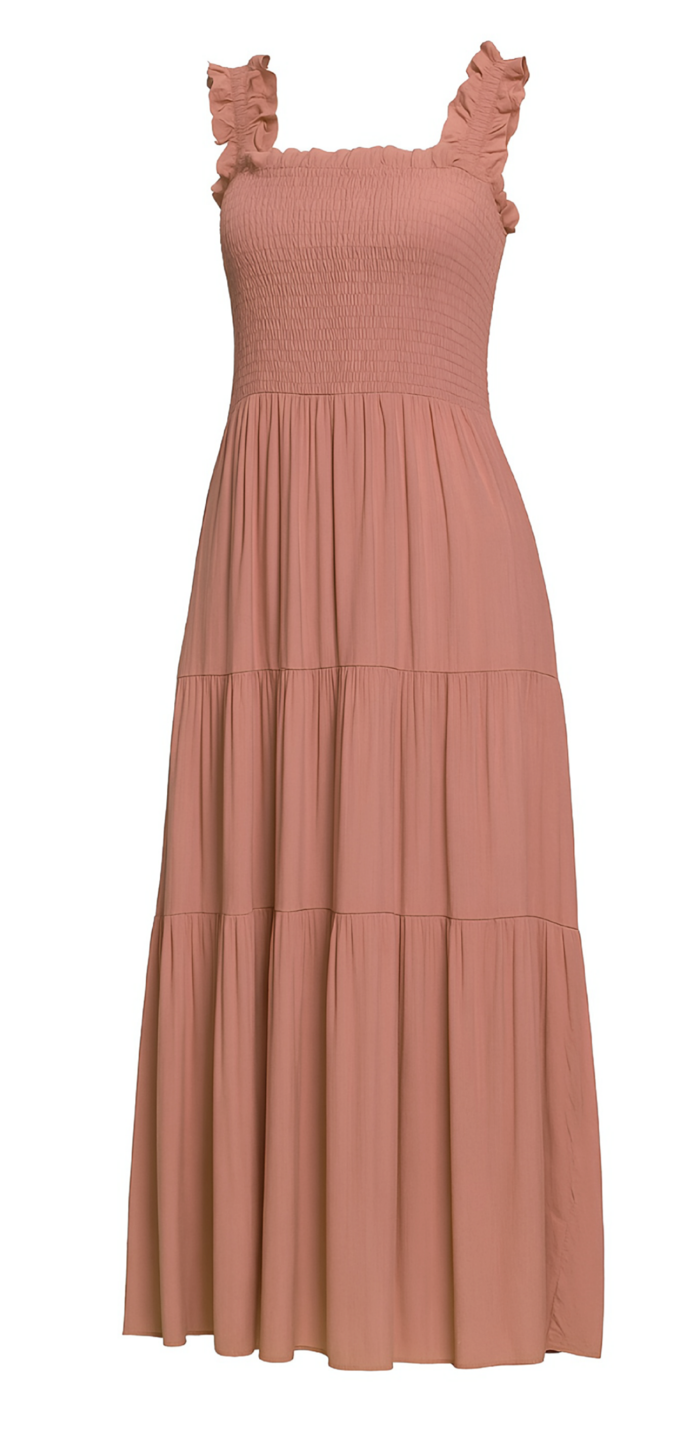 Clay Colored Dress/Jumper with Ruffle Elastic Straps. Smocked Chest. Length including Straps 49" Length From top of Bodice 43". Shell 65%Rayon/35% Polyester. Lining 100% Polyester