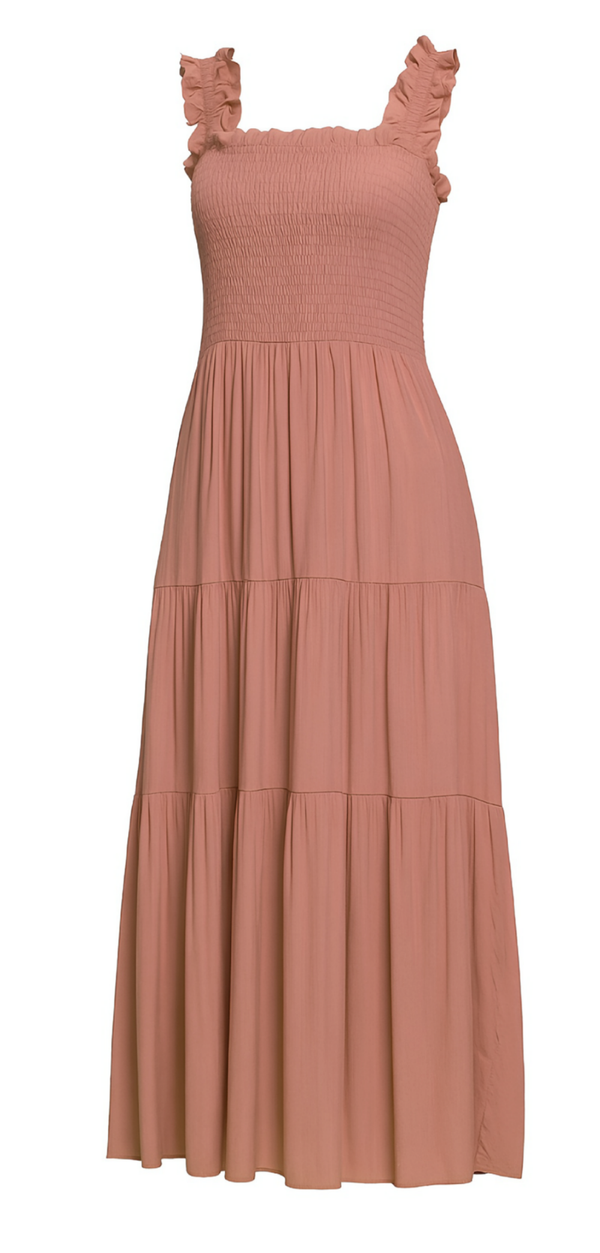 Clay Colored Dress/Jumper with Ruffle Elastic Straps. Smocked Chest. Length including Straps 49" Length From top of Bodice 43". Shell 65%Rayon/35% Polyester. Lining 100% Polyester