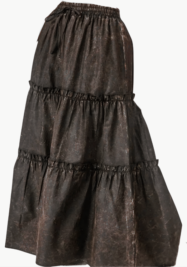 Gray Acid Washed Tiered Skirt. Drawstring Waist. Length 39". 100 Cotton.