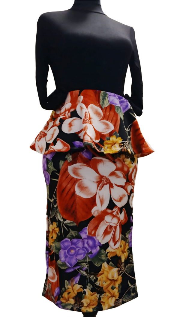 Peplum Layered Black/ Floral Print Pencil Skirt. 95%Polyester/5% Spandex
